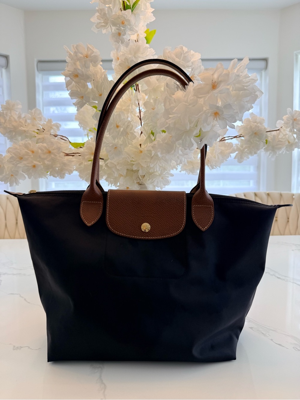 Longchamp Black Nylon Shoulder Tote with Brown Leather Trim